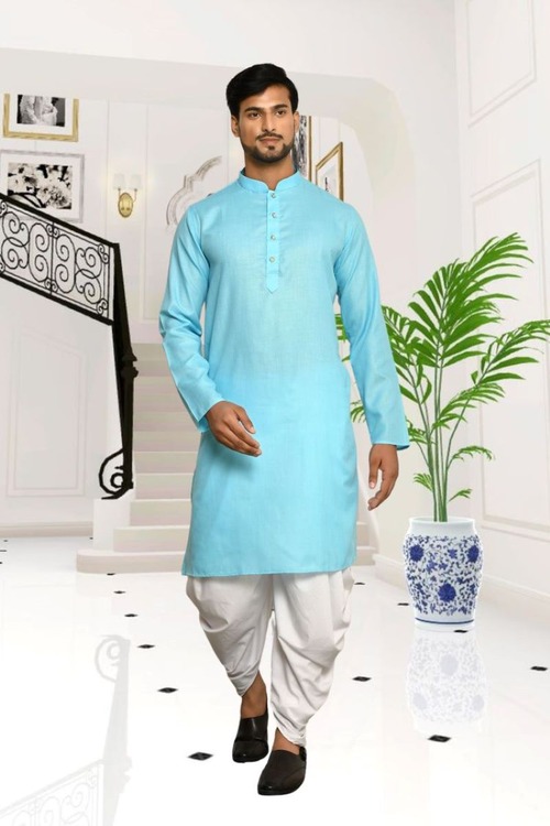 Sky Blue Plain Cotton Full Sleeve Kurta And Dhoti Set For Men