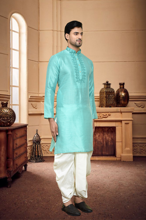 Men's Light Blue Art Silk Dhoti Kurta