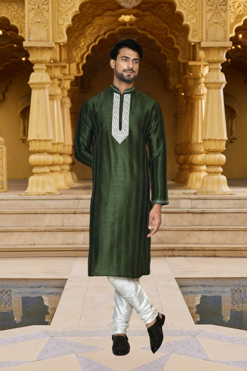 Men's Green Embroidered Kurta Churidar