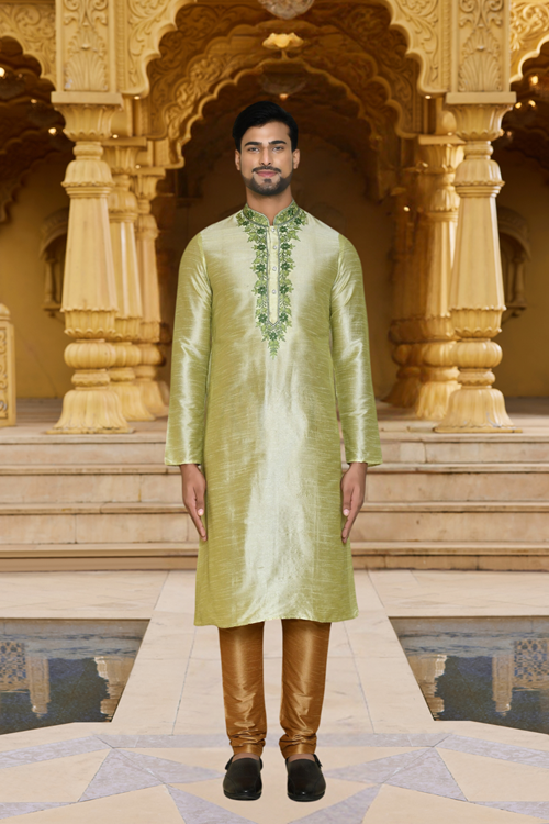 Men's Yellow Embroidered Kurta Churidar