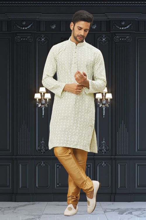 MEN'S LIGHT GREEN EMBROIDERED KURTA PAJAMA