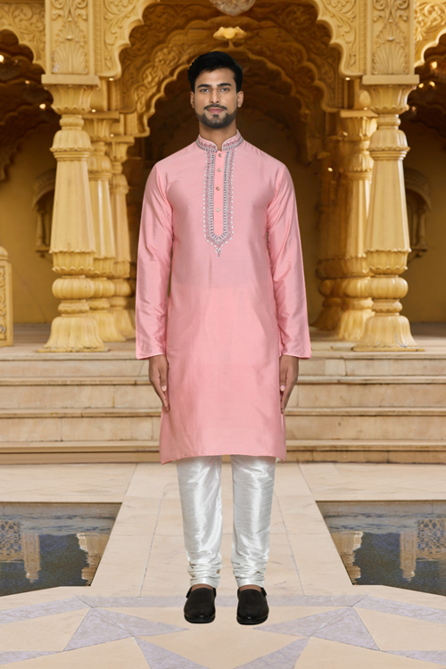 Men's Pink Embroidered Kurta Churidar