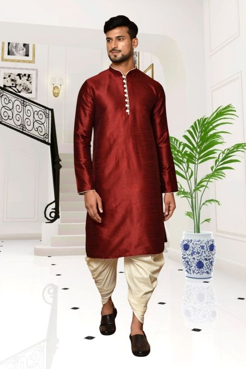 Maroon Dupion Silk Plain Full Sleeve Kurta And Dhoti Set For Men