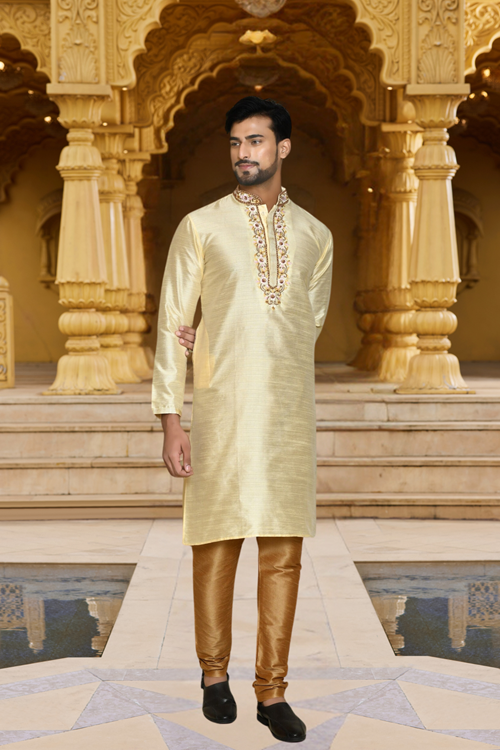 Men's Fawn Woven Kurta Churidar