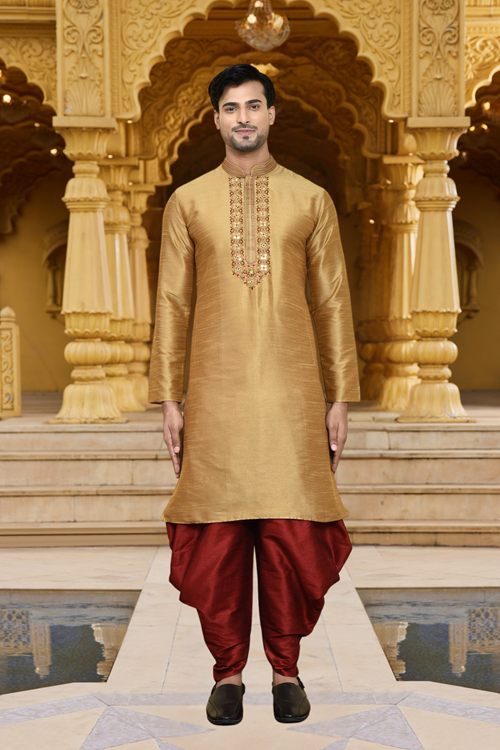 Men's Wear Chiku Art Silk Dhoti Kurta