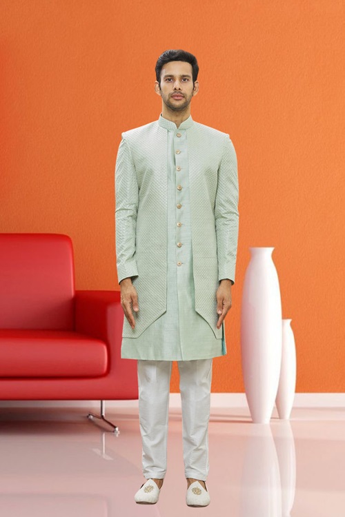 MEN'S PISTA GREEN WOVEN SHERWANI