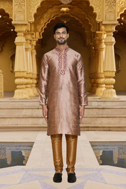 Men's Beige Embroidered Kurta Churidar