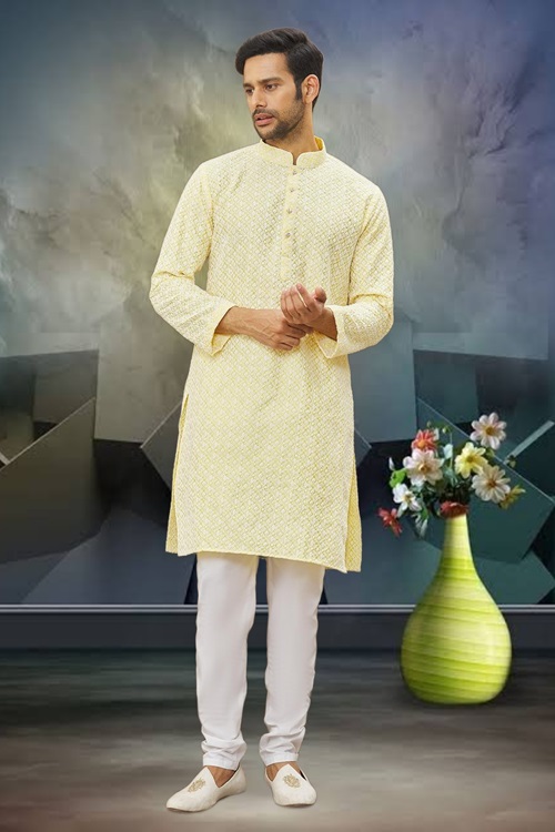 MEN'S LIGHT YELLOW EMBROIDERED KURTA PAJAMA