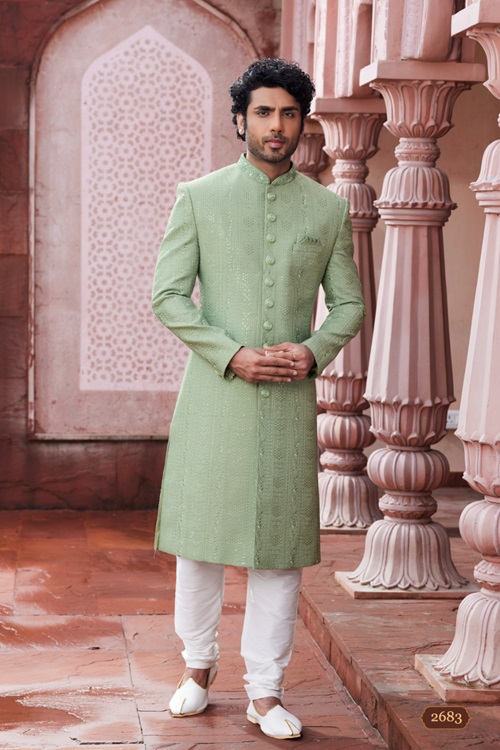 Men's Pista Green Woven Sherwani