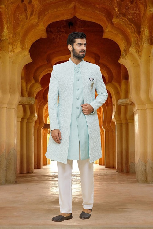 MEN'S SKY BLUE WOVEN SHERWANI WITH JACKET