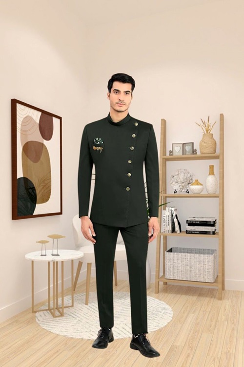 Dark Green Rayon Terry Rayon Jodhpuri Suit