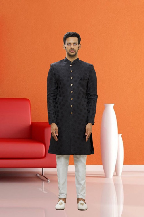 Men's Black Woven Sherwani