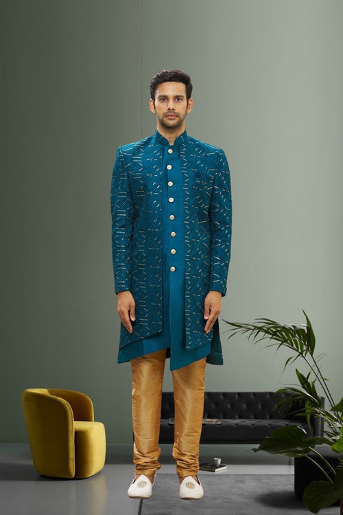 MEN'S TURQUOISE EMBROIDERED SHERWANI