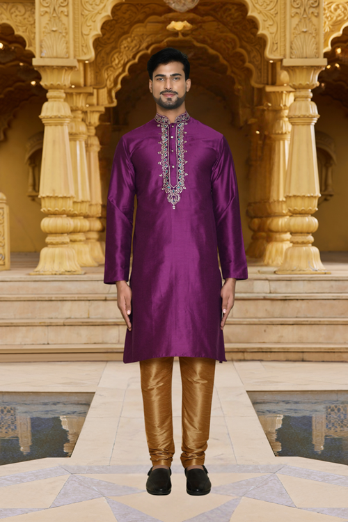 Men's Purple Embroidered Kurta Churidar