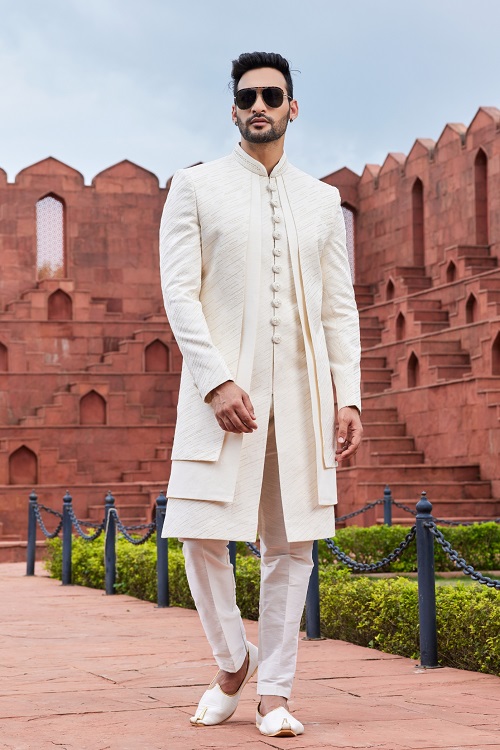 Men's Cream Computer Thread Work Art Silk Sherwani