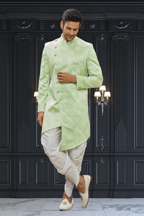 MEN'S LIGHT GREEN PRINTED INDO WESTERN SHERWANI