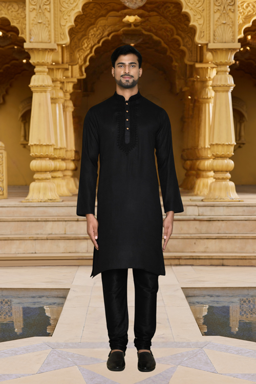 Men's Black Plain Kurta Churidar