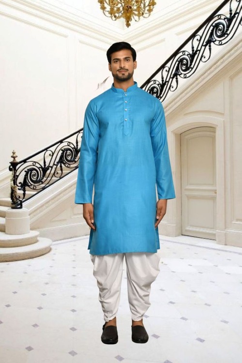 Sky Blue Plain Cotton Full Sleeve Kurta And Dhoti Set For Men