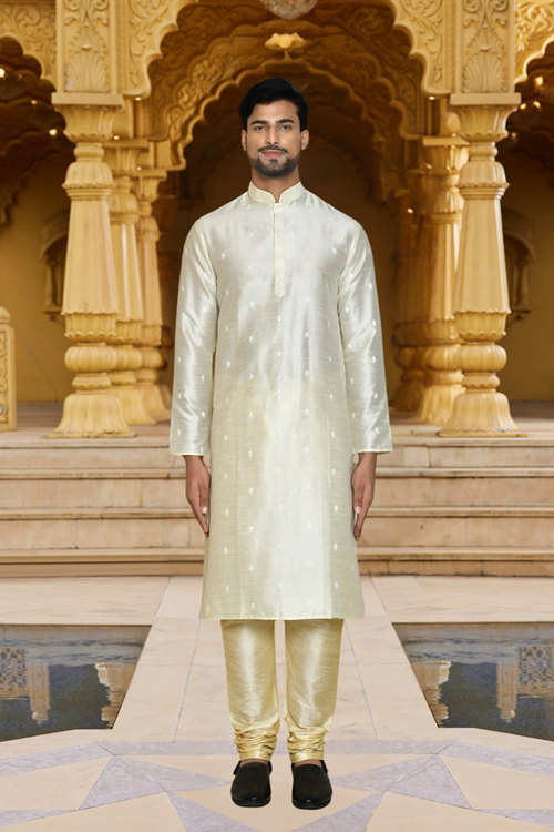 Men's White Woven Kurta Churidar