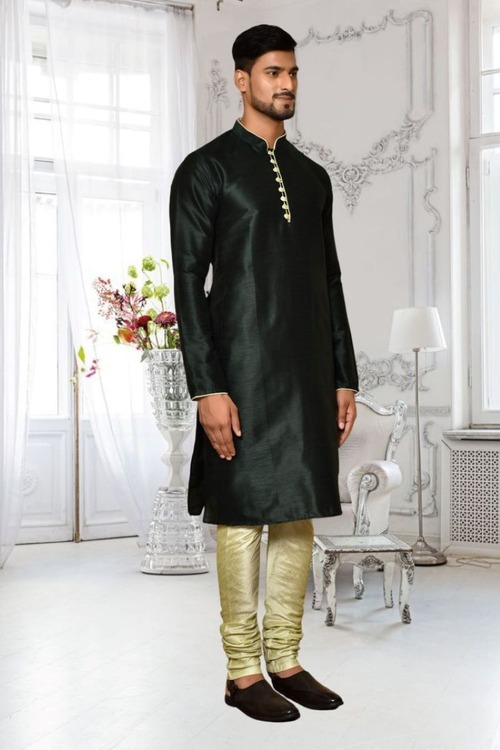 Black Dupion Silk Plain Full Sleeve Kurta And Churidar Set For Men