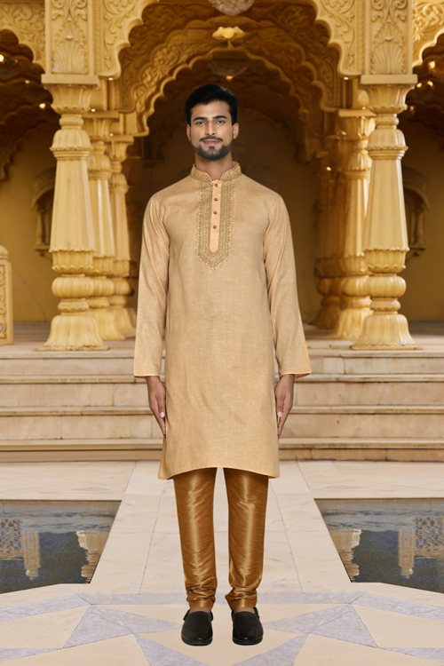 Men's Beige Cotton Woven Kurta Churidar