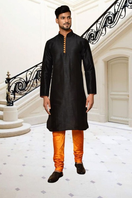 Black Dupion Silk Plain Full Sleeve Kurta And Churidar Set For Men