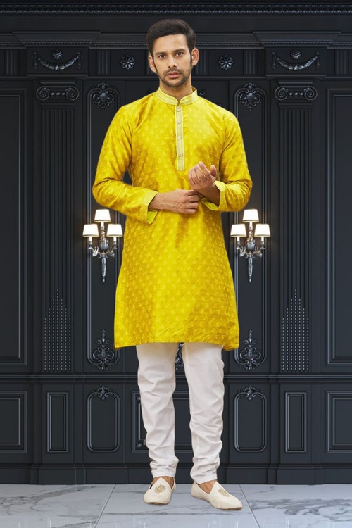 MEN'S LIGHT YELLOW EMBROIDERED KURTA PAJAMA