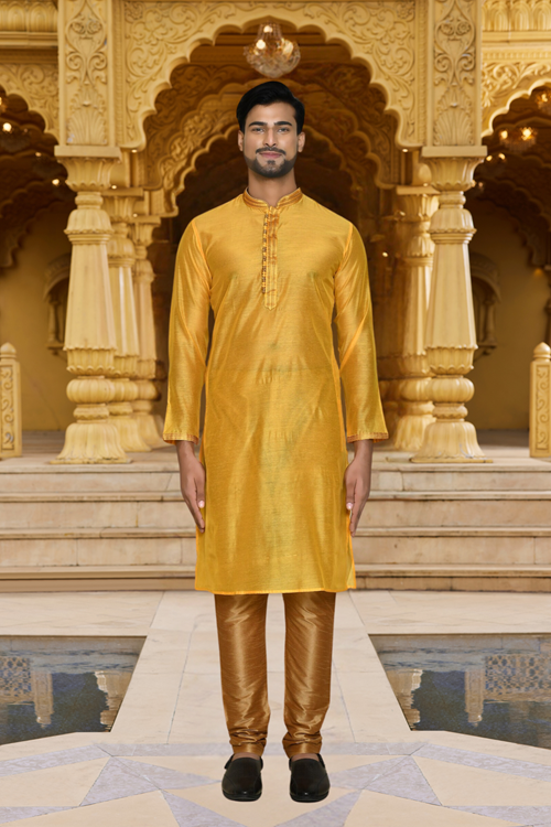 Men's Yellow Embroidered Kurta Churidar