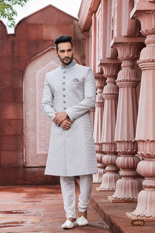 Men's Grey Embroidered Sherwani