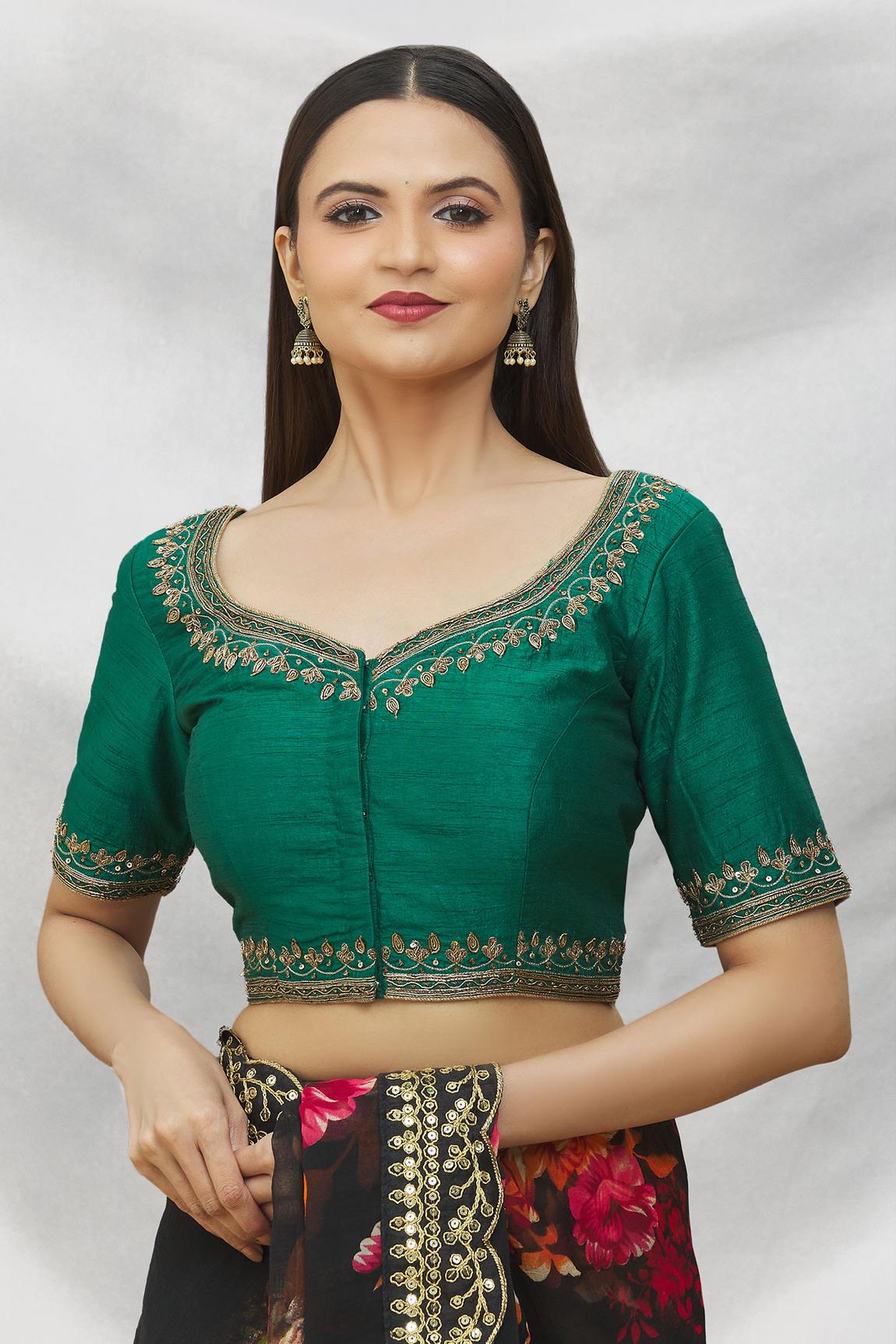 Green Art Silk Blouse With Embroidery For Women's