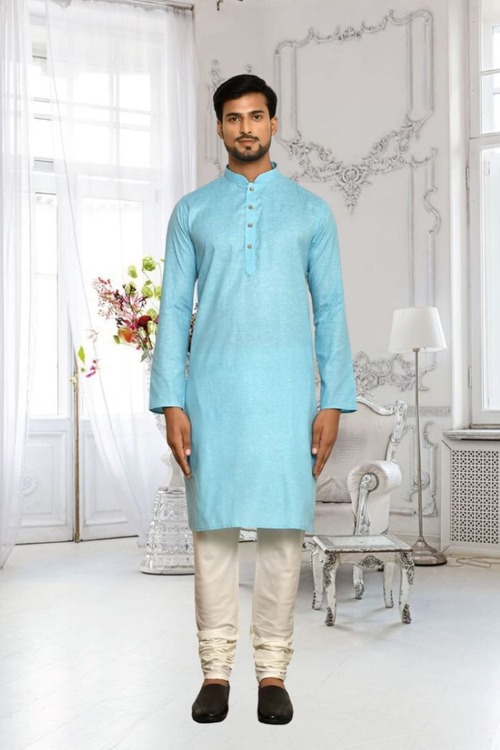 Sky Blue Cotton Plain Full Sleeve Kurta And Churidar Set For Men