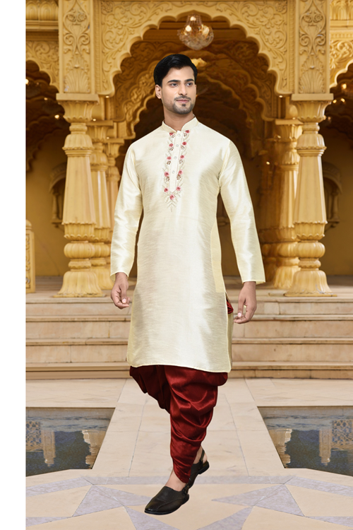 Men's Wear Fawn Art Silk Dhoti Kurta