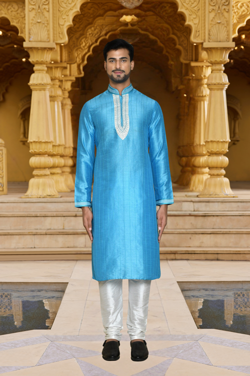 Men's Blue Woven Kurta Churidar