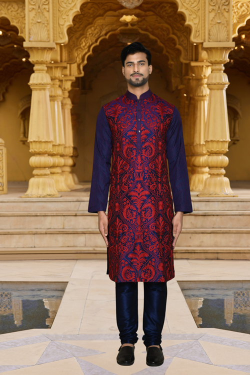 Men's Blue Embroidered Kurta Churidar