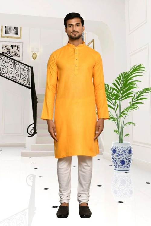 Yellow Cotton Plain Full Sleeve Kurta And Churidar Set For Men