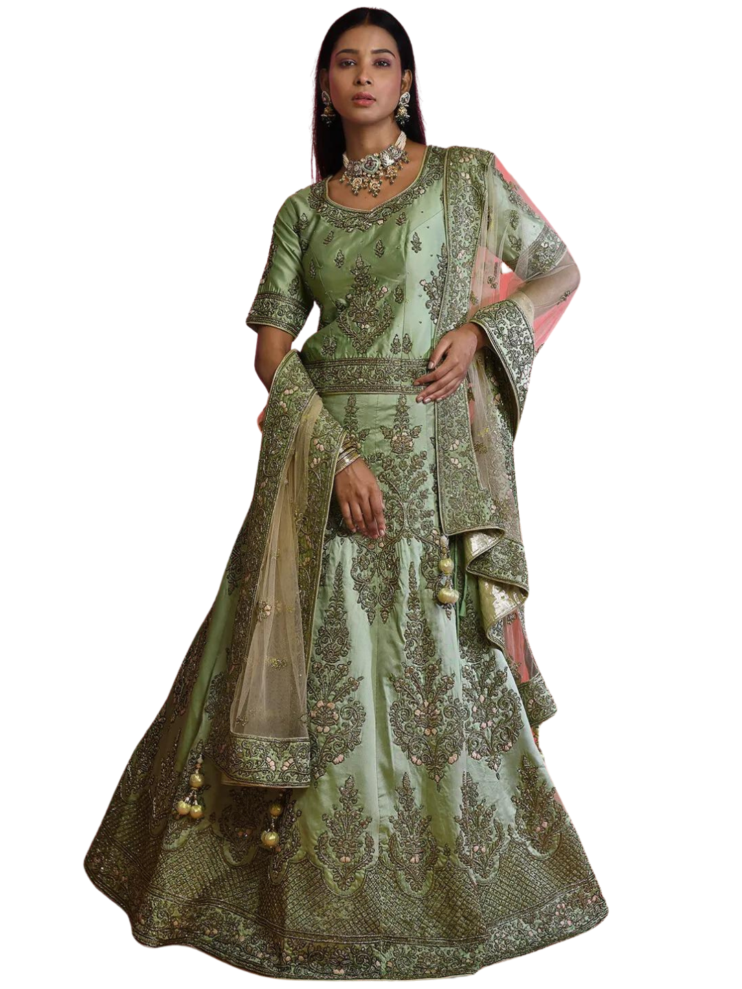 Hand Embroidered Pure Silk Lehenga in Pastel Green