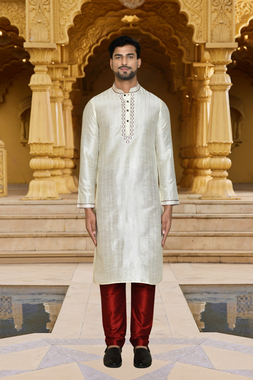 Men's White Embroidered Kurta Churidar