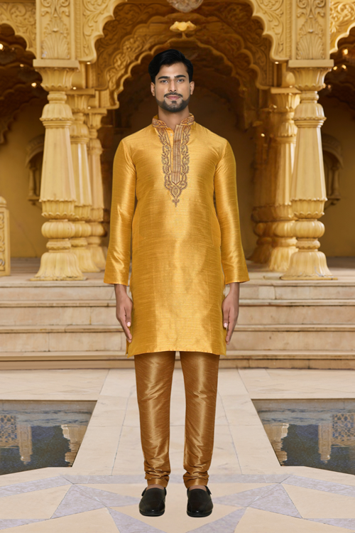 Men's Yellow Embroidered Kurta Churidar