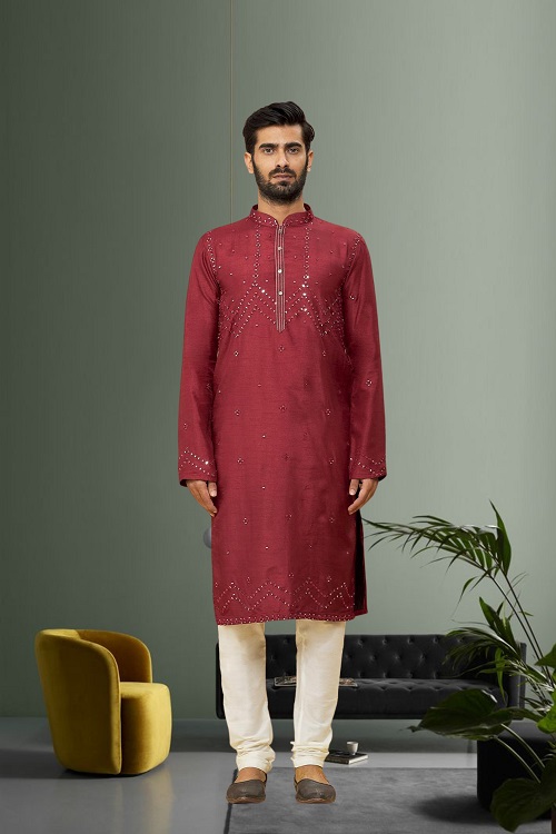 Men's Maroon Embroidered Kurta Pajama