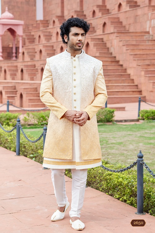 Radiant Men's Yellow Computer Thread Work Art Silk Sherwani Set