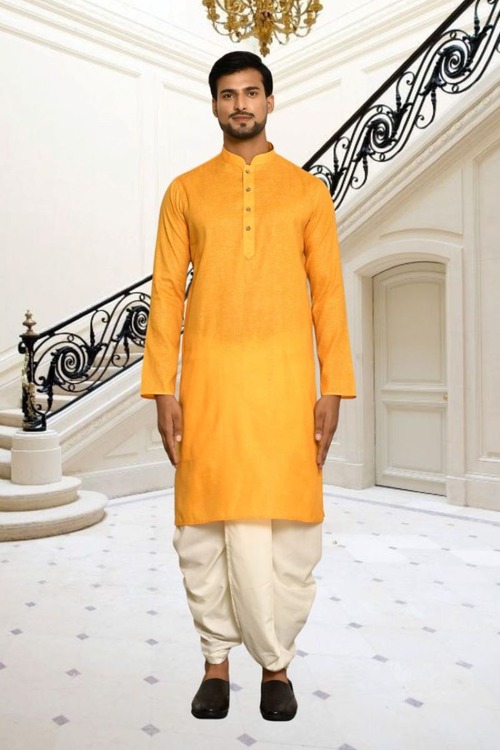 Yellow Plain Cotton Full Sleeve Kurta And Dhoti Set For Men