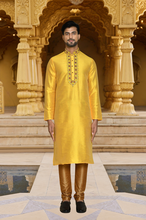 Men's Yellow Embroidered Kurta Churidar