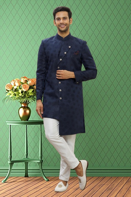 MEN'S BLUE WOVEN INDO WESTERN SHERWANI