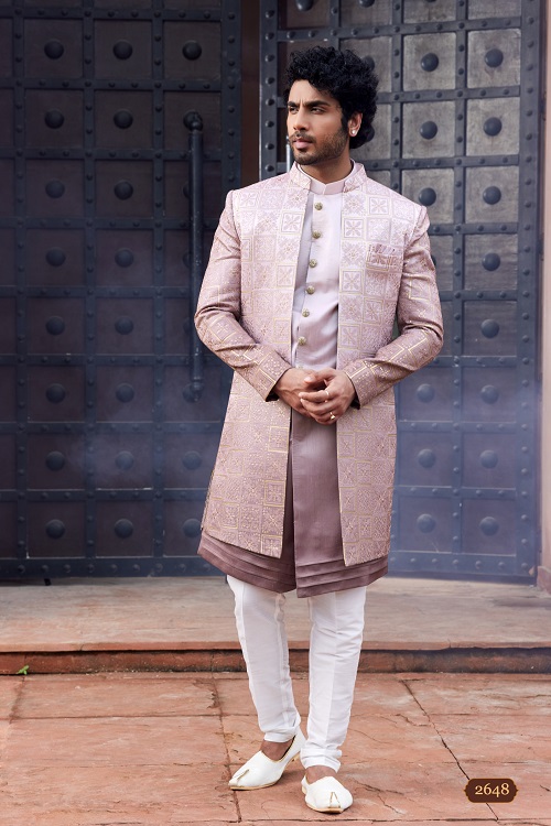 Timeless Men's Brown Computer Thread Work Art Silk Sherwani Set