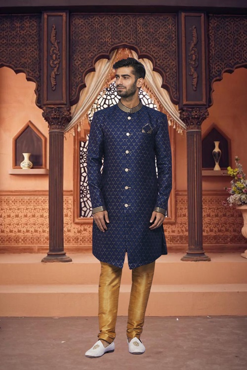 Men's Blue Woven Sherwani