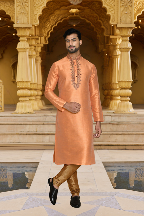 Men's Orange Embroidered Kurta Churidar