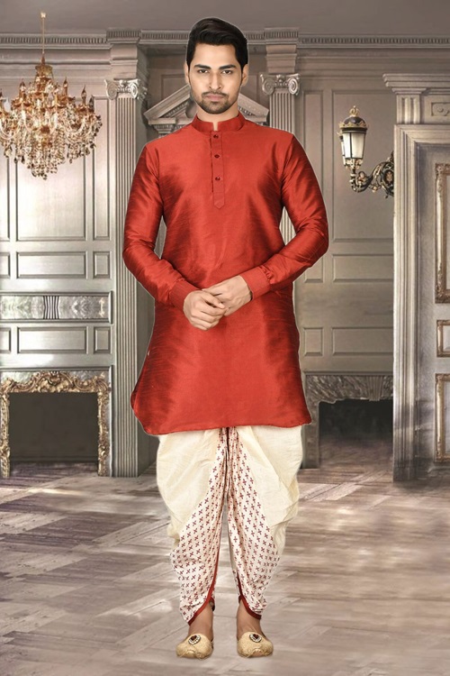 MEN'S RED PLAIN DHOTI KURTA