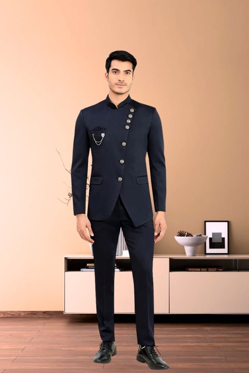 Navy Blue Rayon Terry Rayon Jodhpuri Suit