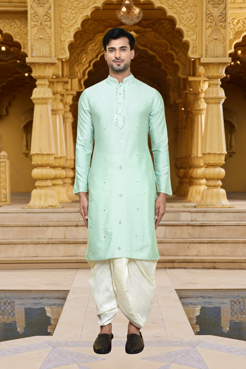 Men's Pista Green Art Silk Dhoti Kurta