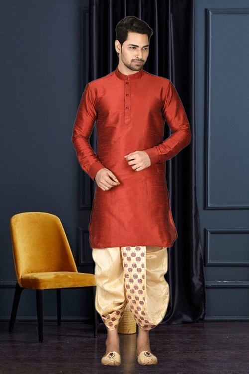 MEN'S RED PLAIN DHOTI KURTA